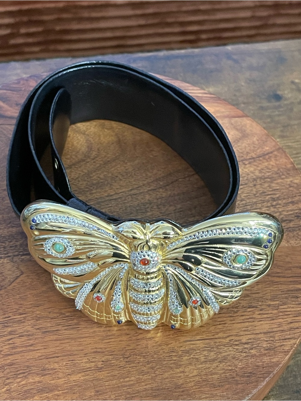JUDITH LEIBER Vintage Jeweled Gold Tone Butterfly Buckle Black Leather Belt